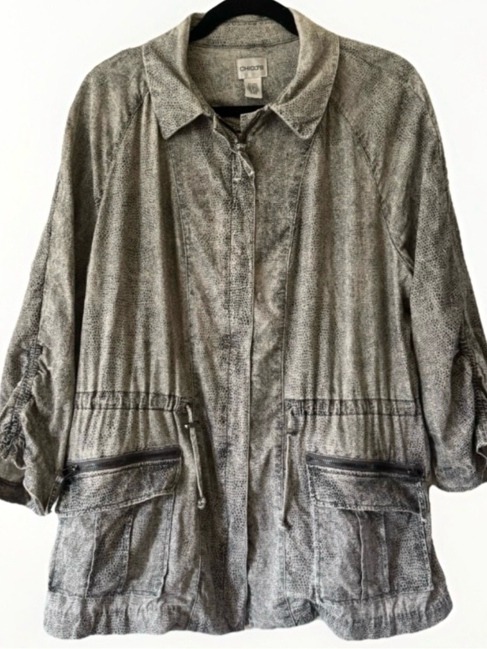 Chico’s Linen Safari Utility Jacket Snake Print Drawstring Zip L